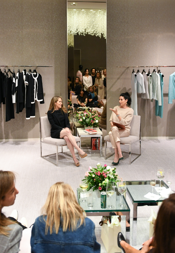 Jessica Yellin talking with Erin at Beverly Hills Saint John boutique
